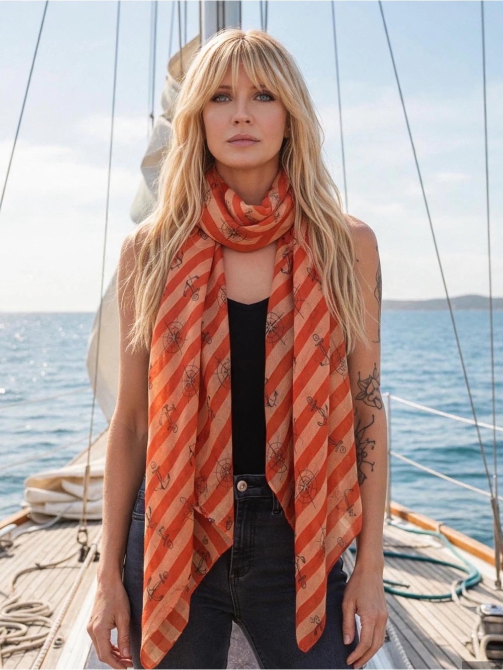 Nautical Anchors Compasses Stripes Sheer Scarf / Shawl